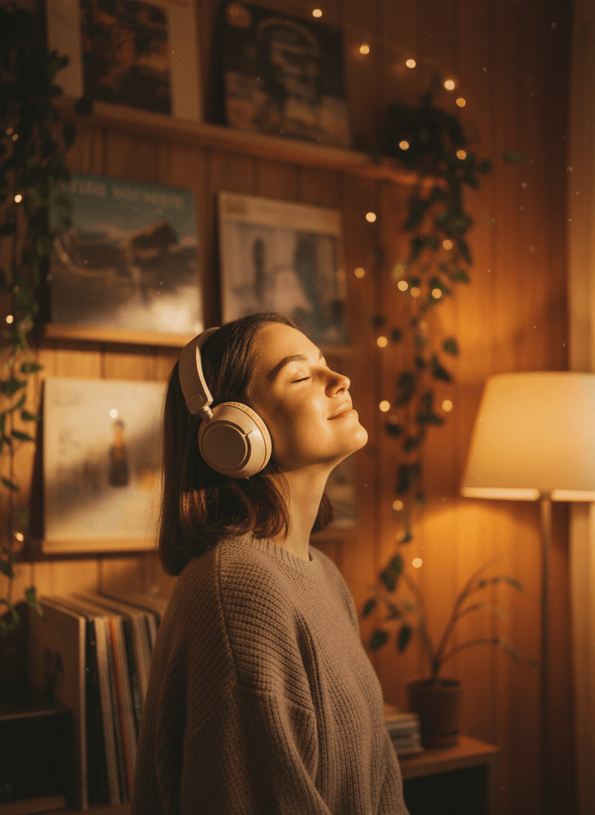Woman enjoying AI-generated music with headphones in cozy room