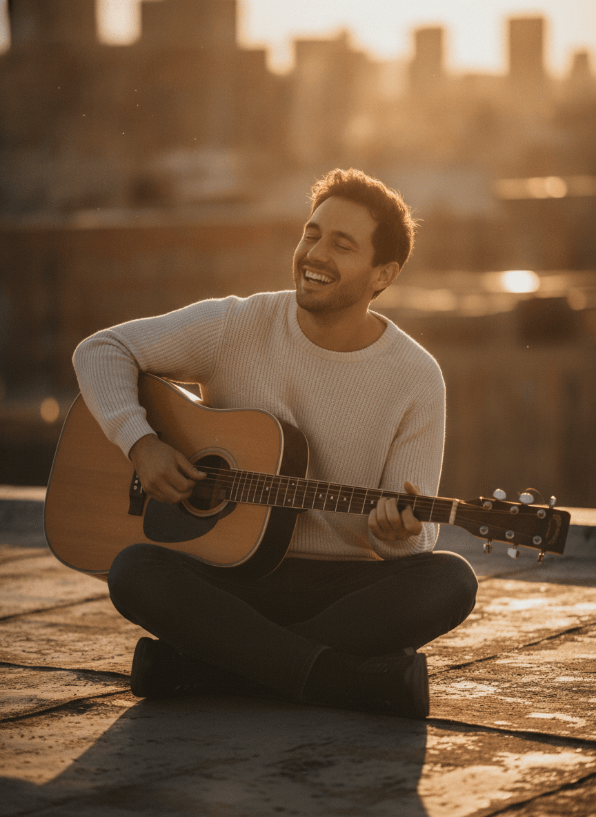Musician playing guitar on rooftop at golden hour sunset