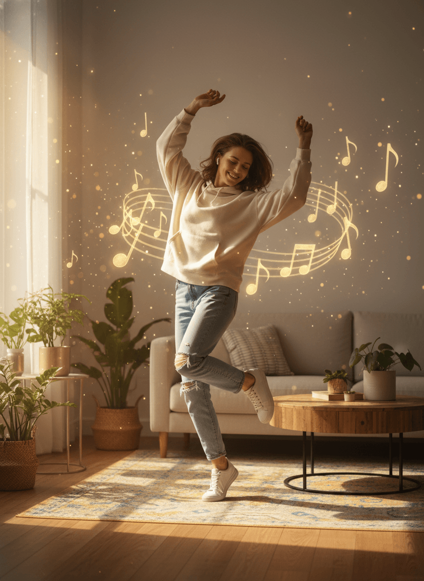 Person dancing freely to AI music with floating musical notes